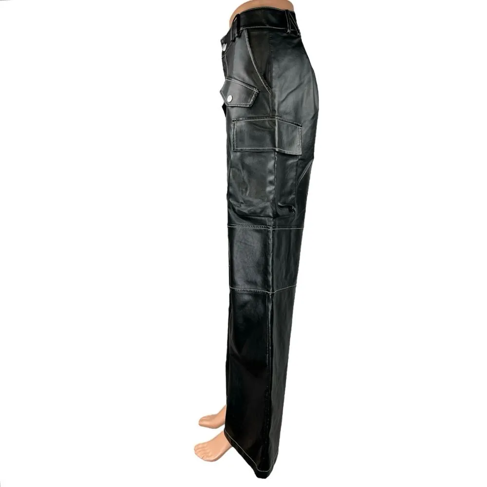 Edikted Women's Black Faux Leather Wide Leg High Waist Cargo Trousers Pants Sz S - Image 2