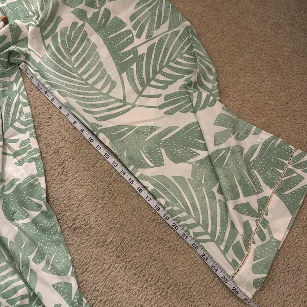 Bohemian women’s wide leg high waist white with green leaves summer pants med - Image 10