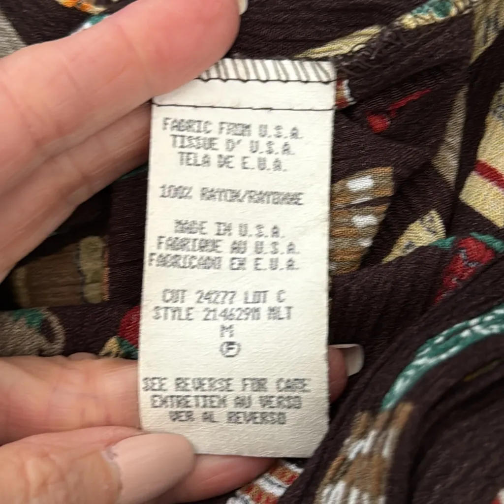 Vintage 90s Carole Little Chocolate Brown Ethnic Print Button Up Maxi Dress Size M - Image 5