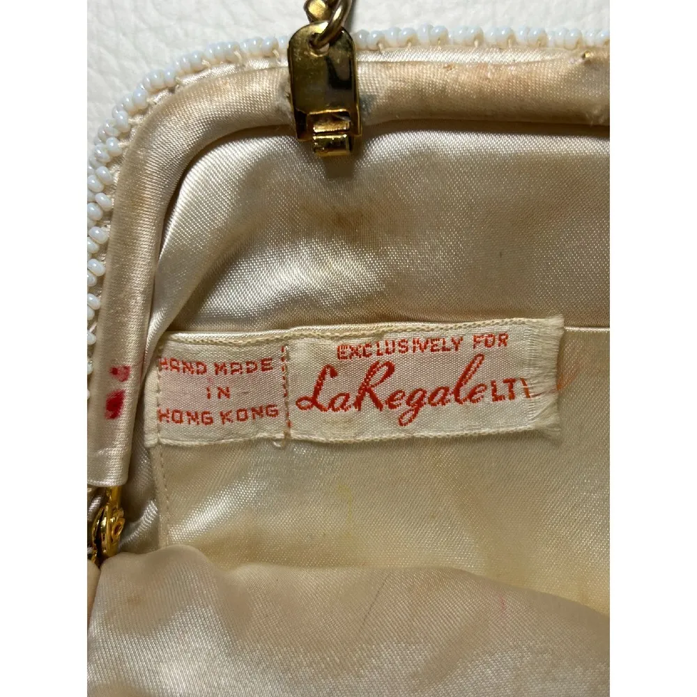 Vintage La Regale White Beaded Clutch Y2K Satin Lined Evening Purse Hand Made - Image 5