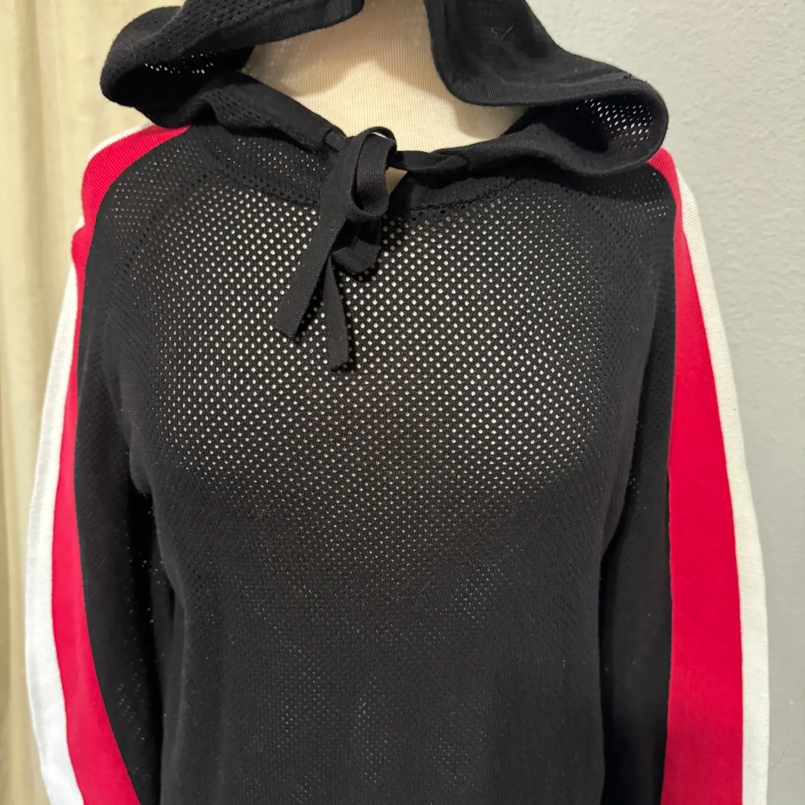 INC International Concepts Women Black Mesh Knit Hooded Sweater Top Size M Size M - Image 3