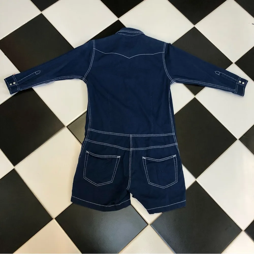 Cowboy Denim Jean Romper Dark Wash Western Pearlized Buttons size Med - Image 10