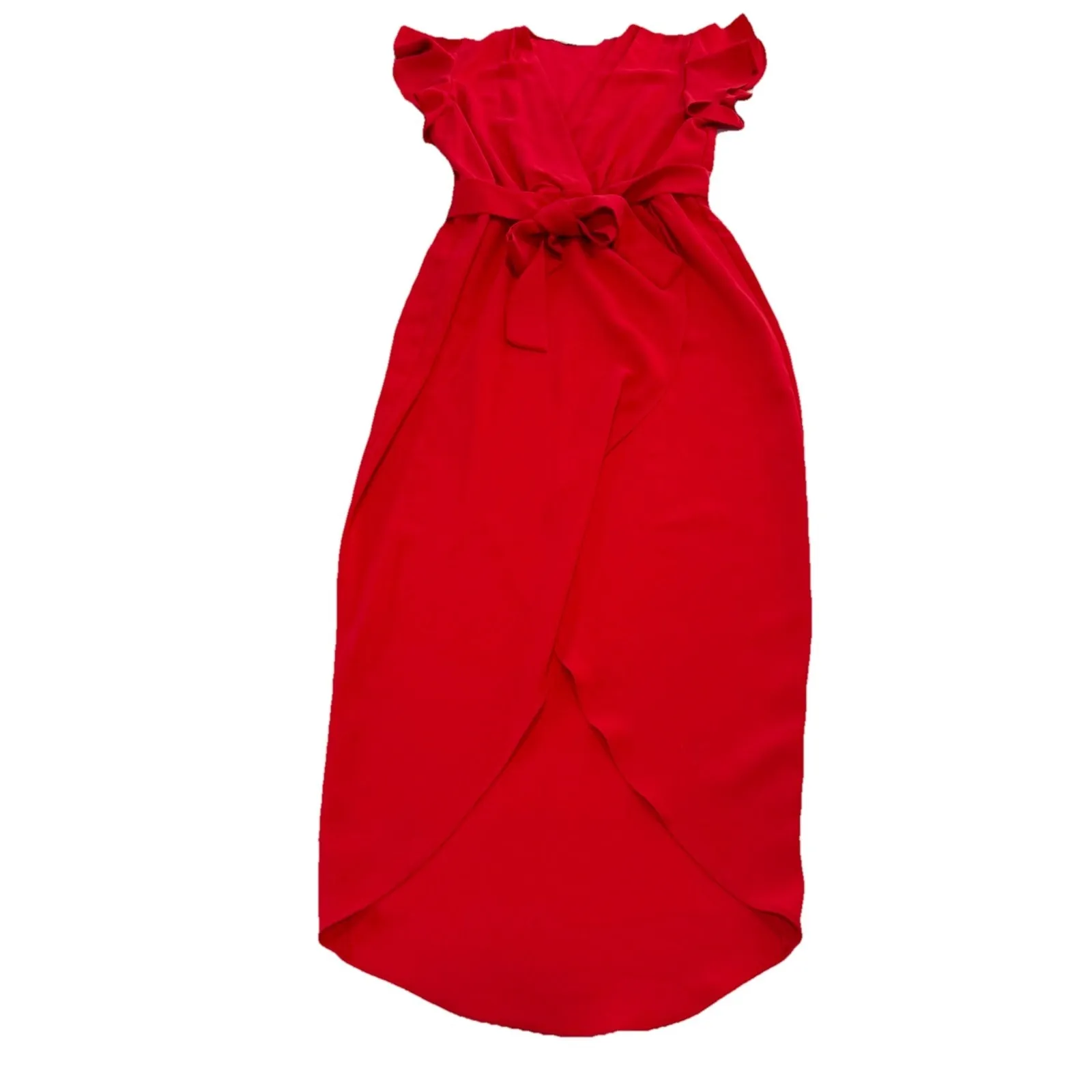 Amanda Uprichard Red Martinique Midi Dress Ruffle‎ Sleeve Tulip Hem Belt MEDIUM - Image 9