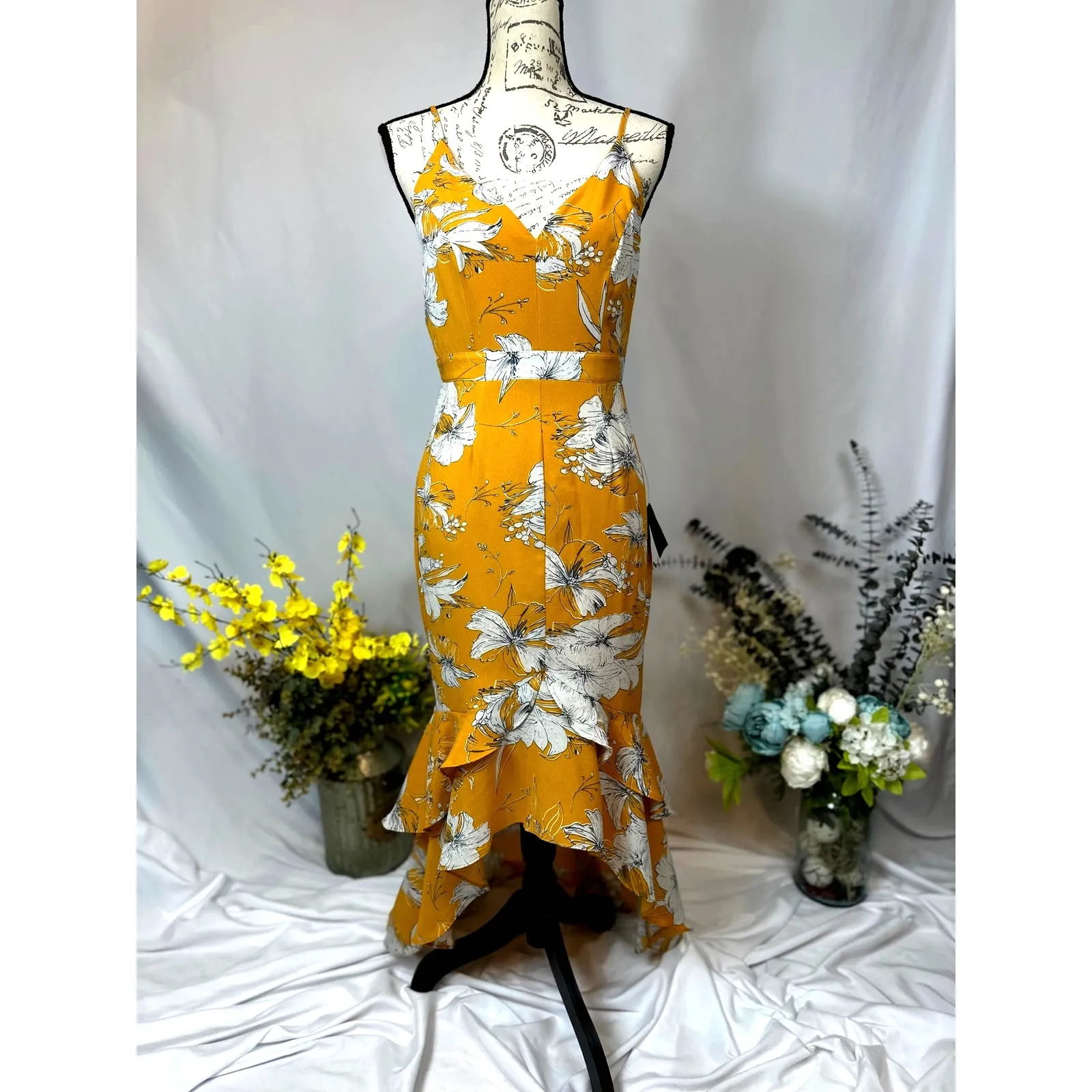 Lulu’s Darling Daylily Mustard Yellow Floral Print High-Low Maxi Dress M - Image 6