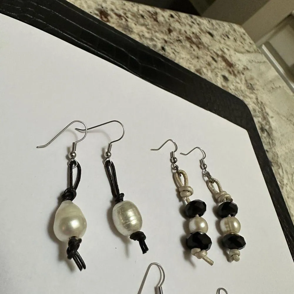 Lot Of 3 Pretty Silver Tone Faux Pearl Beaded Bead Dangle Drop Pierced Earrings - Image 2