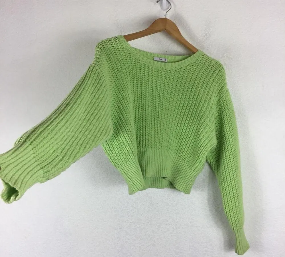 Aritzia TNA The Fisherman Sweater XS Neon Green Chunky Knit Cotton Cropped - Image 13