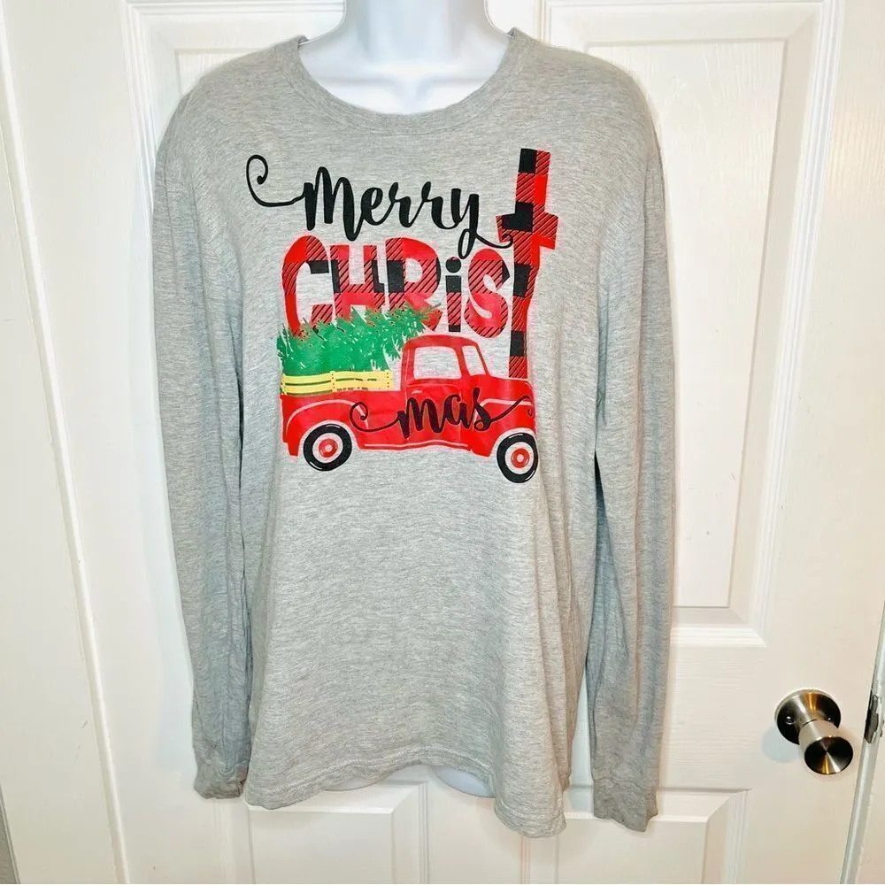 Love in Faith Merry Christmas Truck Long Sleeve Tshirt Marled Grey Red S Gray - Image 2