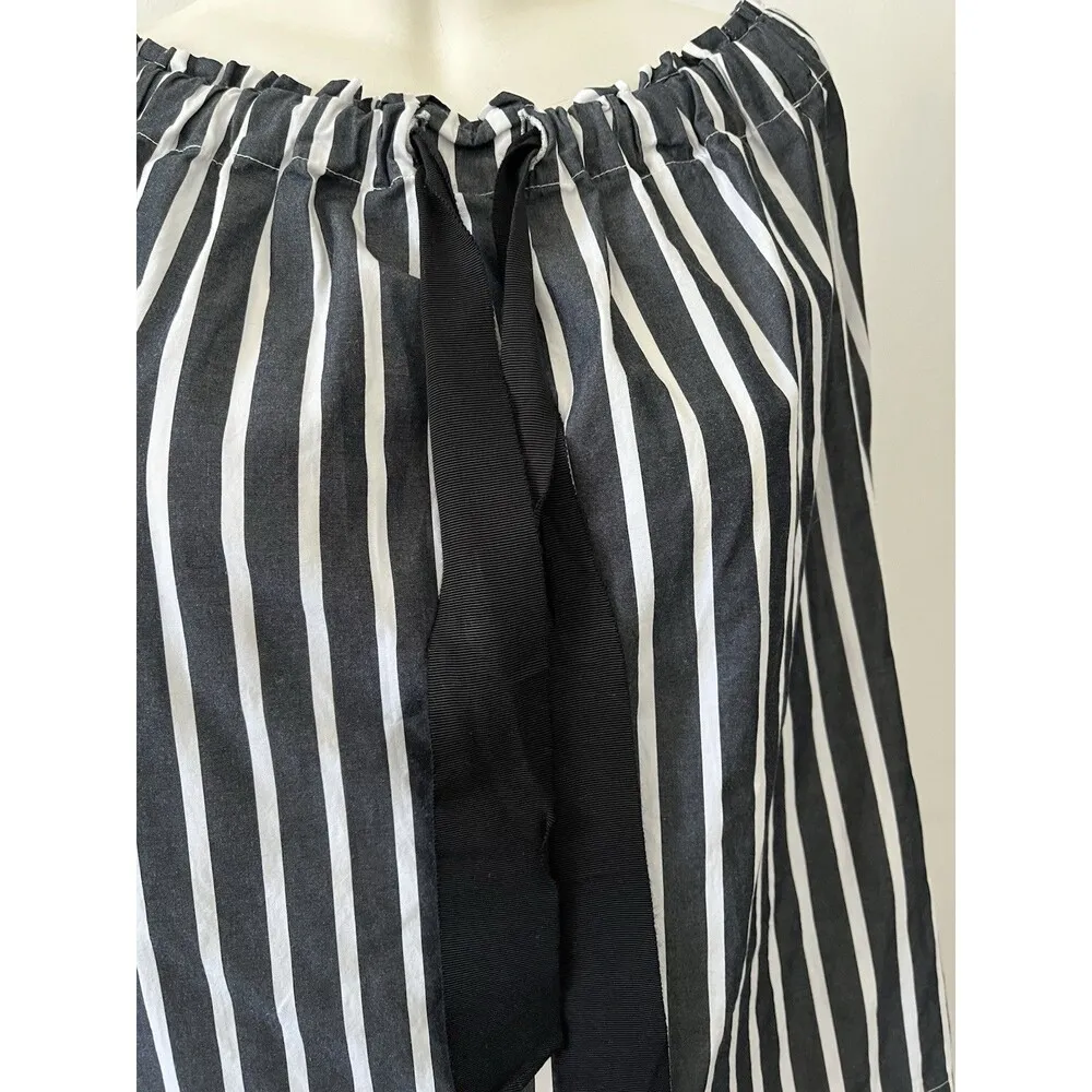 Jcrew Cotton Black White Stripe On Off Shoulder Long Sleeve Bow Tie Top Size XS - Image 5