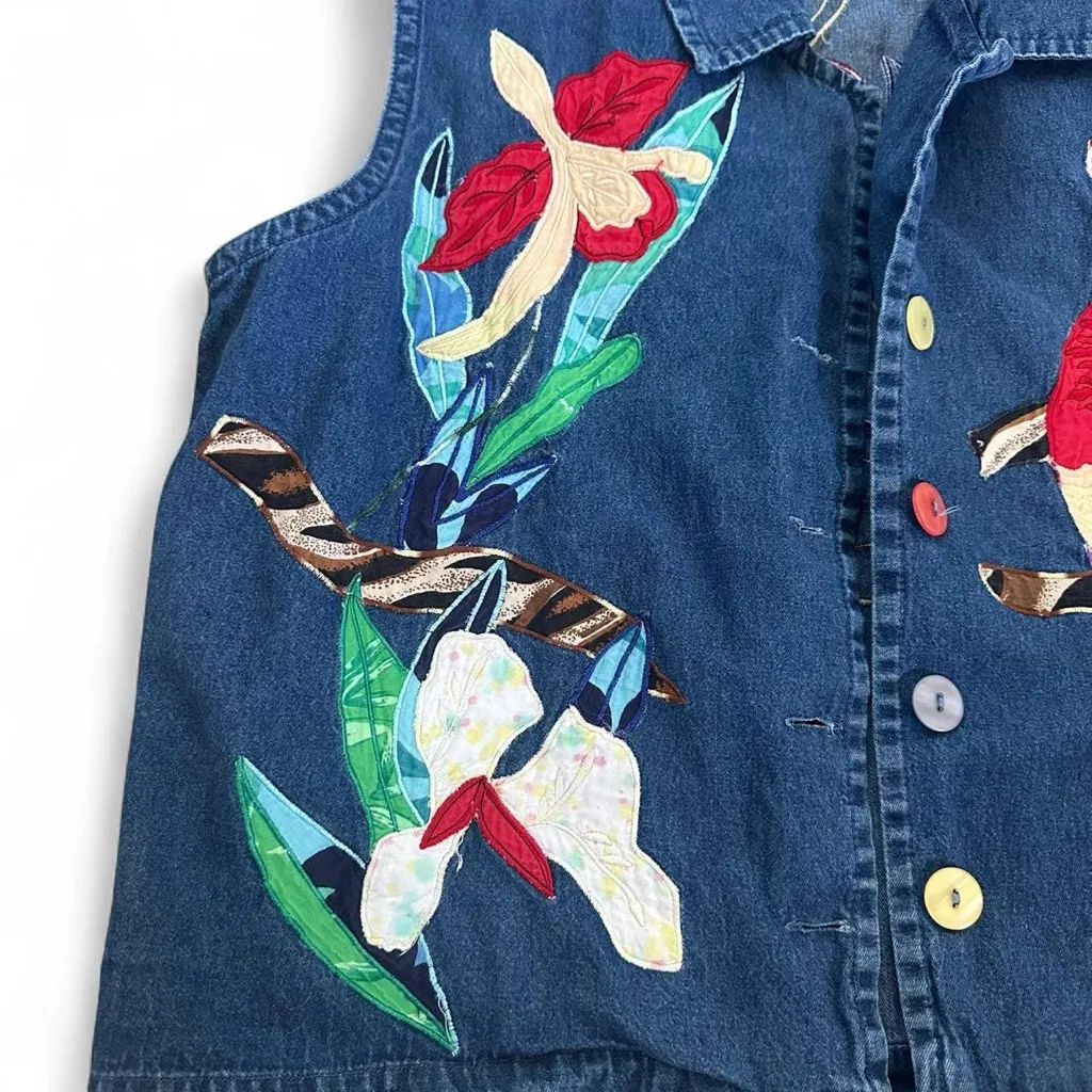 Vintage Denim Vest Parrot Design Blue Size L - Image 2