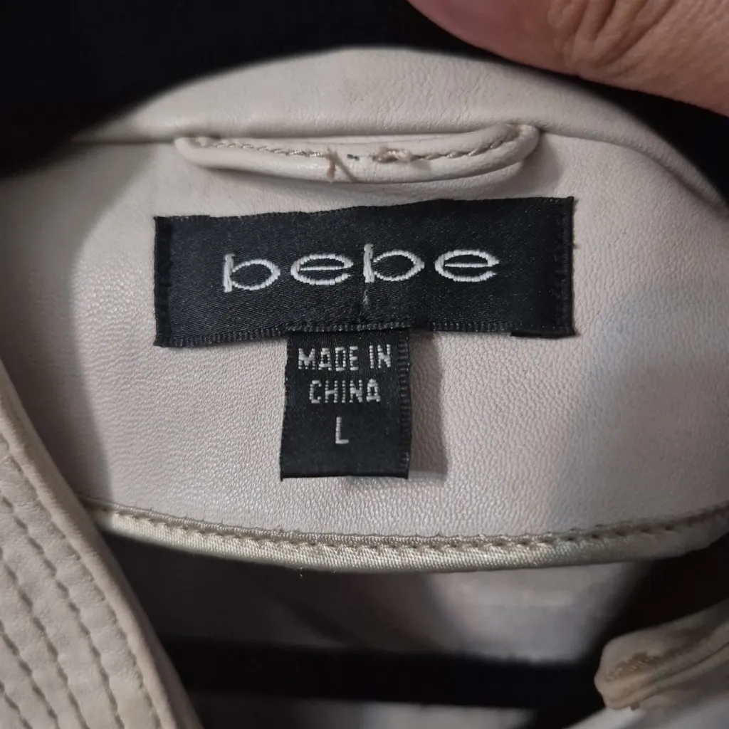 BEBE Faux Leather Moto Jacket with Ruffle Trim & Belt Beige size Large - Image 5