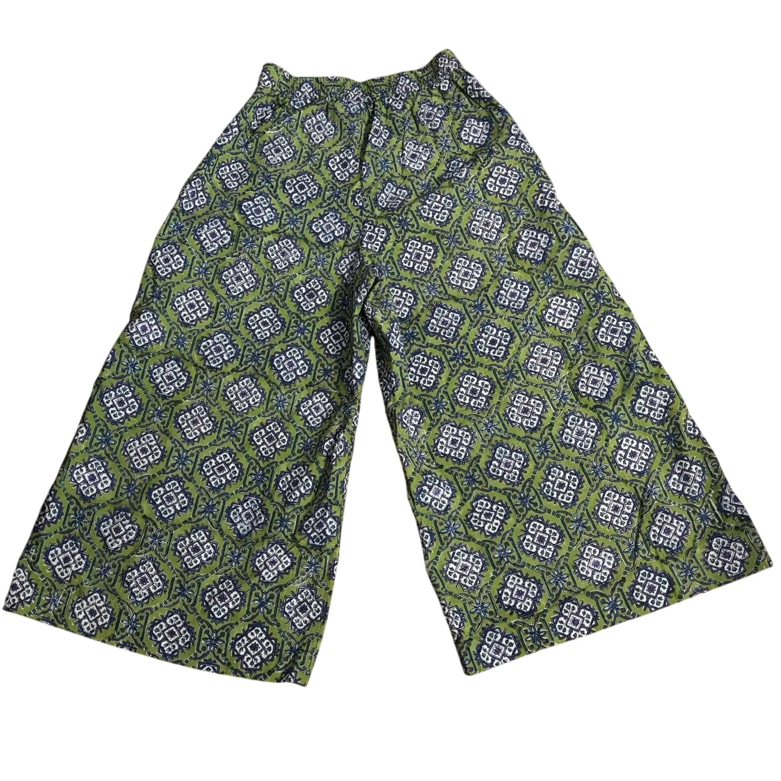 Anokhi Size S Cotton Wide Leg Crops Cropped Pants Print Boho Indie Green - Image 2