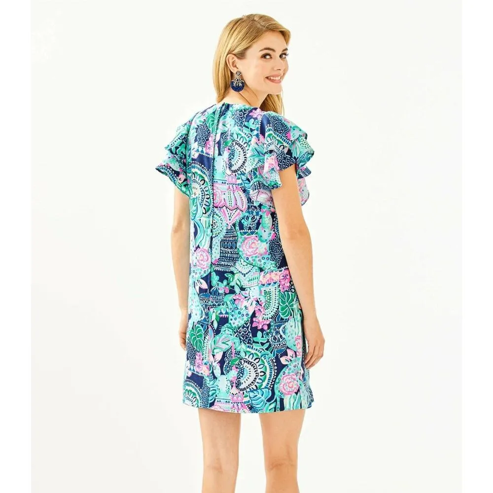 Lilly Pulitzer Kathie Shift Dress Lookin Sharp Satin Crepe Flounce Sleeve Size 8 - Image 2