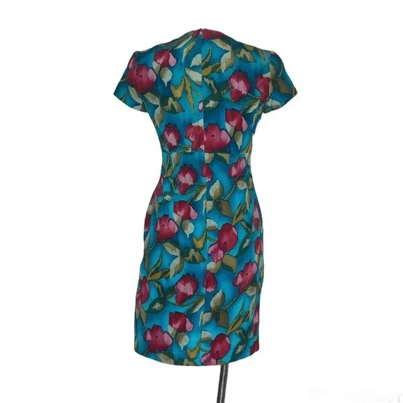 PAPELL Petites 100% Silk Turquoise Teal Floral Sheath Dress Size 2P Vintage - Image 2