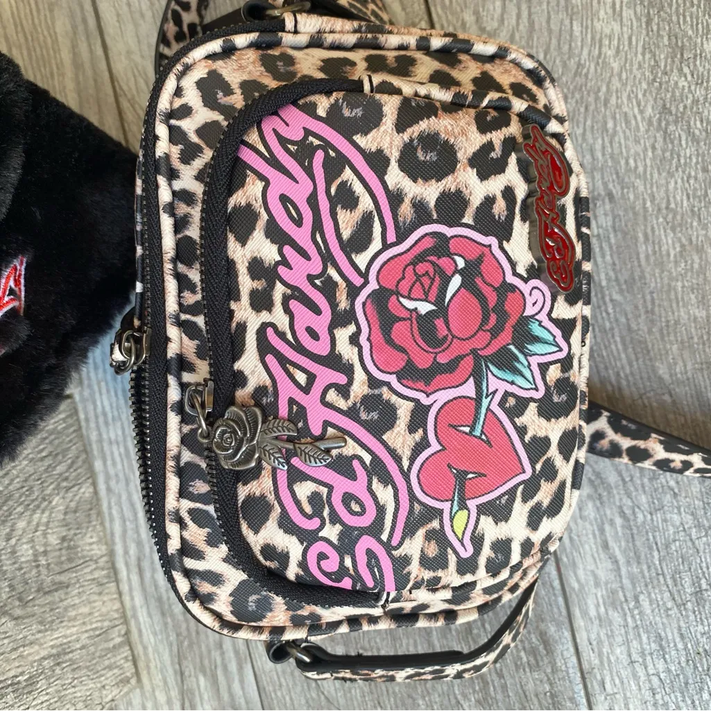 Ed Hardy Cheetah Print Crossbody Bag + Faux Fur Hat Set Y2K Tattoo Rose Skull - Image 2