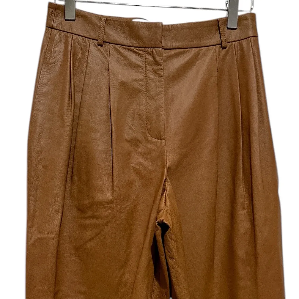 NEW LAFAYETTE 148 NEW YORK HIGH RISE LAMBSKIN STRAIGHT LEG LEATHER BROWN PANTS 2 - Image 5