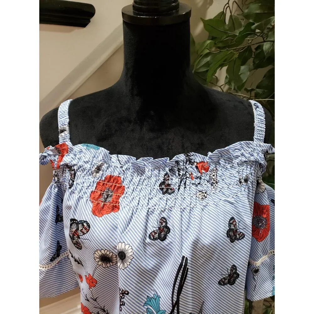 Vanessa Scott Women's Blue Floral 100% Cotton Could Shoulder Knee Length Dress S - Image 5