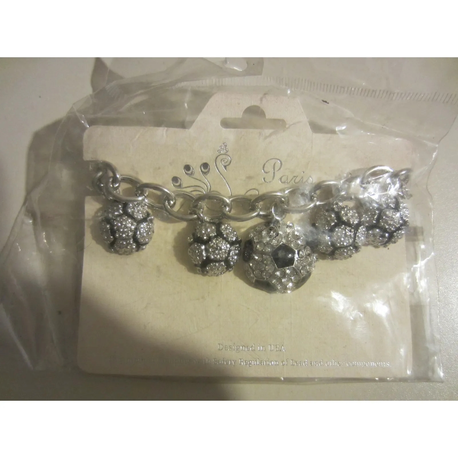 Vintage Paris Silver Statement Charm Bracelet Sparkle Beaded Soccer Ball Jewelry - Image 3