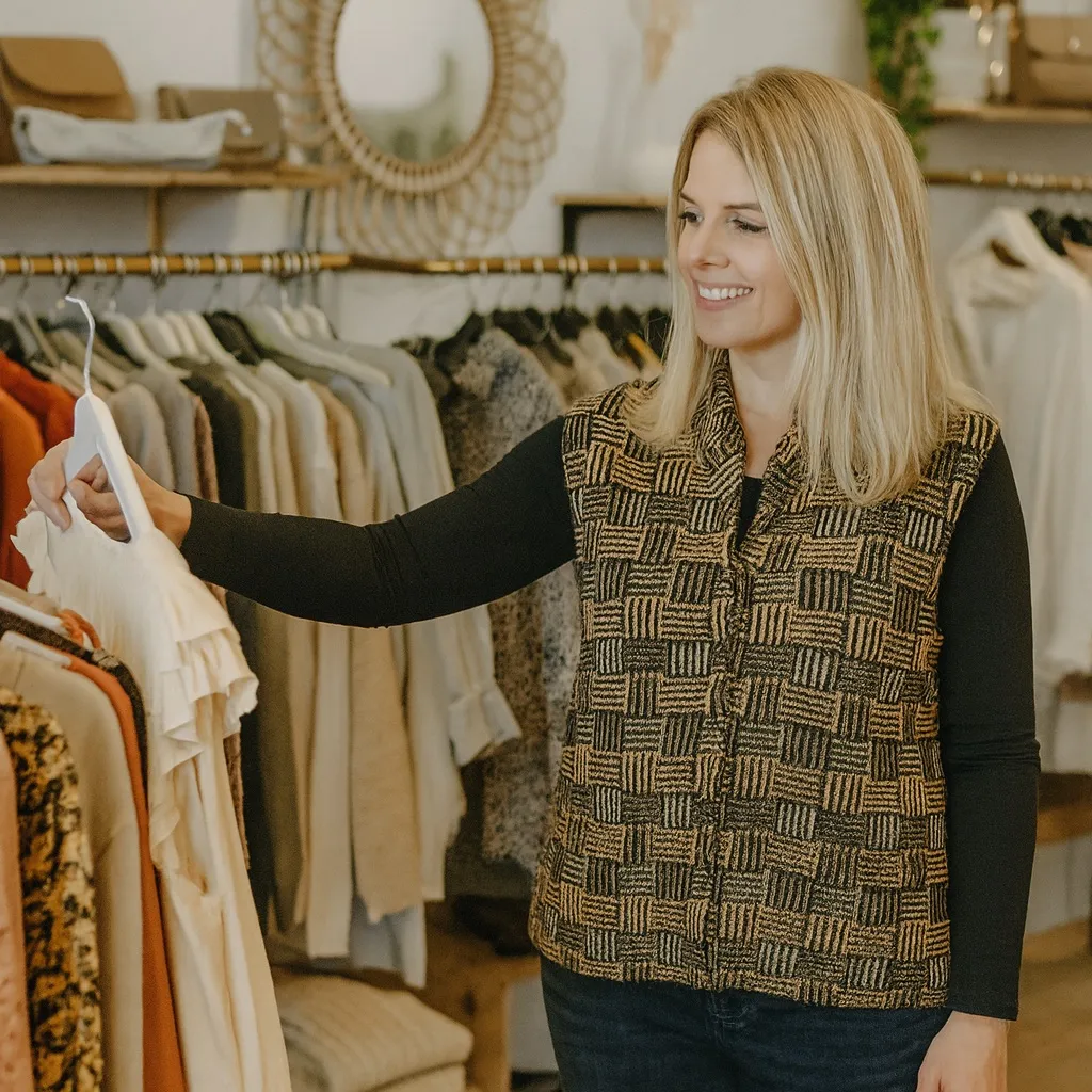 Vintage French Rags Artsy Geometric Print Knit Holiday Chic Substantial Vest 2 Black - Image 2