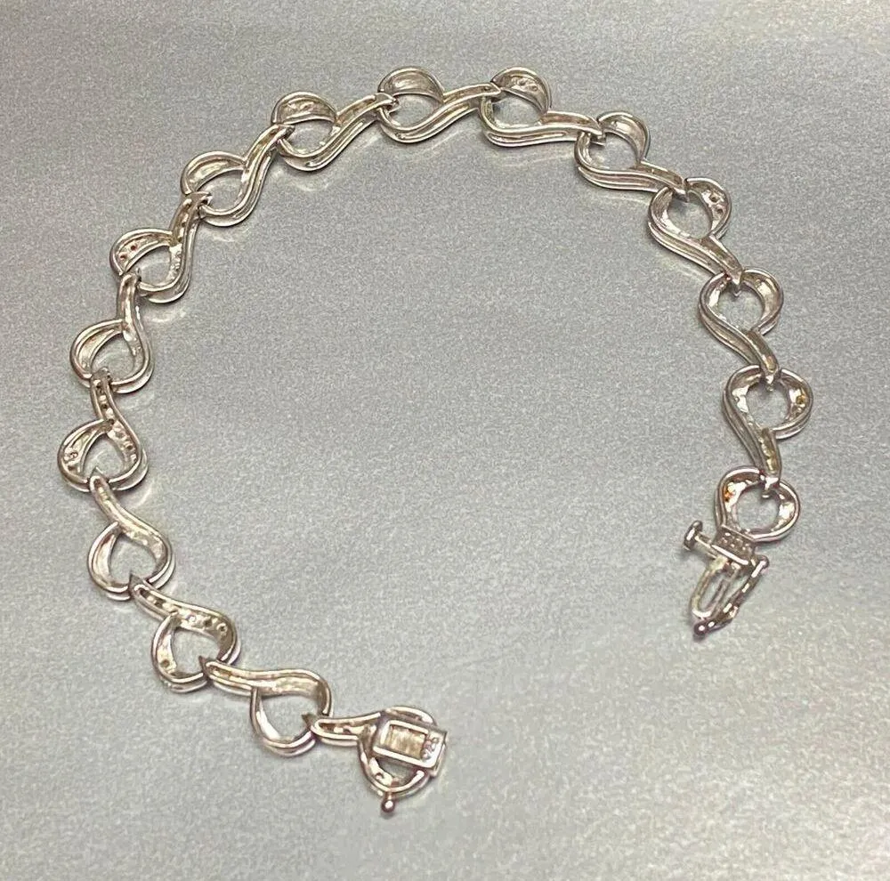 925 Sterling Silver Real Diamond Abstract Link Bracelet 7 1/2" - Image 3
