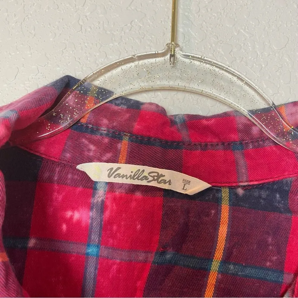 VANILLA STAR Red Plaid Bleached Button Down Shirt Size L - Image 6