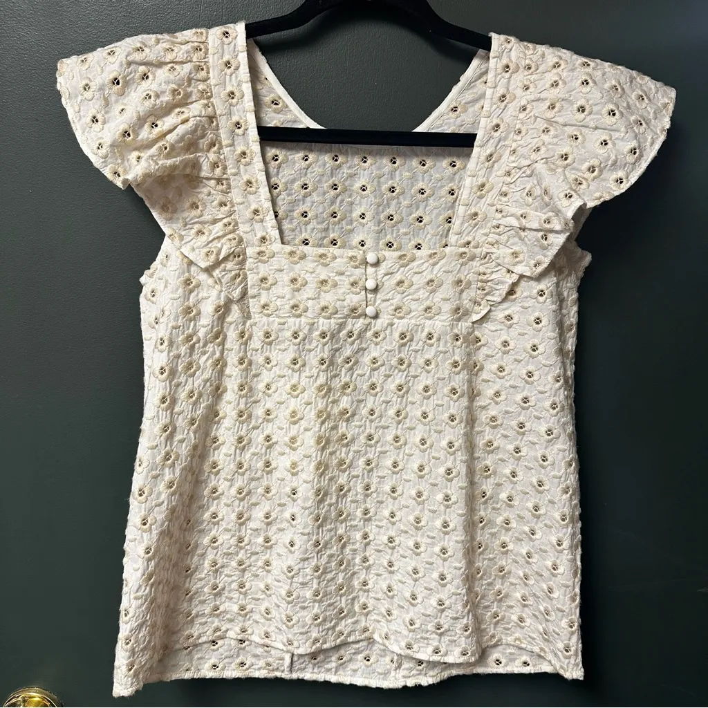 NEW Sezane Forta Blouse in Ecru Beige Womens 2 Cotton Ruffle Embroidered - Image 6