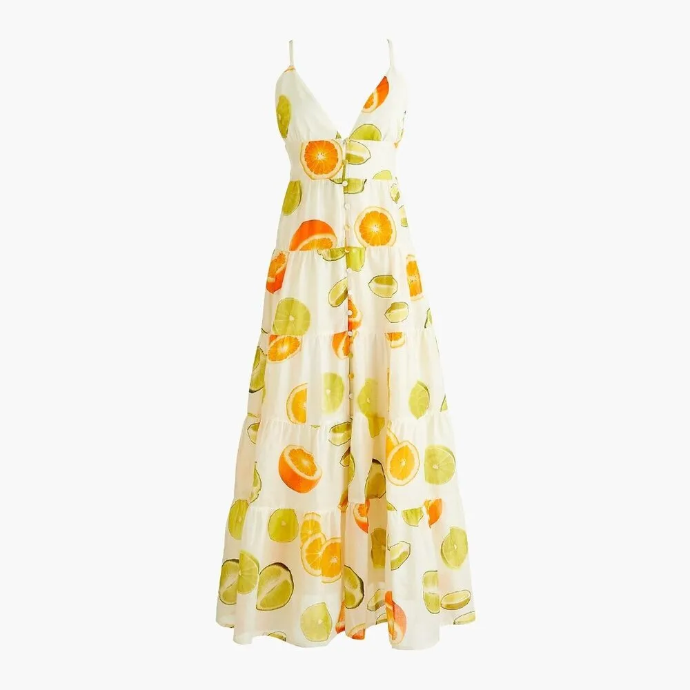 NWT J.Crew Edie Parker Button-front Tiered Maxi in Limes Oranges Citrus Dress M - Image 2