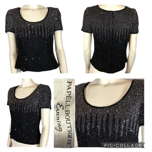 Vintage PAPÉLL BOUTIQUE Evening Beaded sequence short sleeve top size medium - Image 2