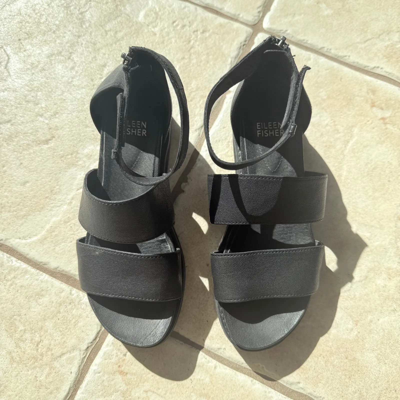 Eileen Fisher Heir Tumbled Black Leather Wedge Sandal Womens Size 6.5 $210 - Image 3