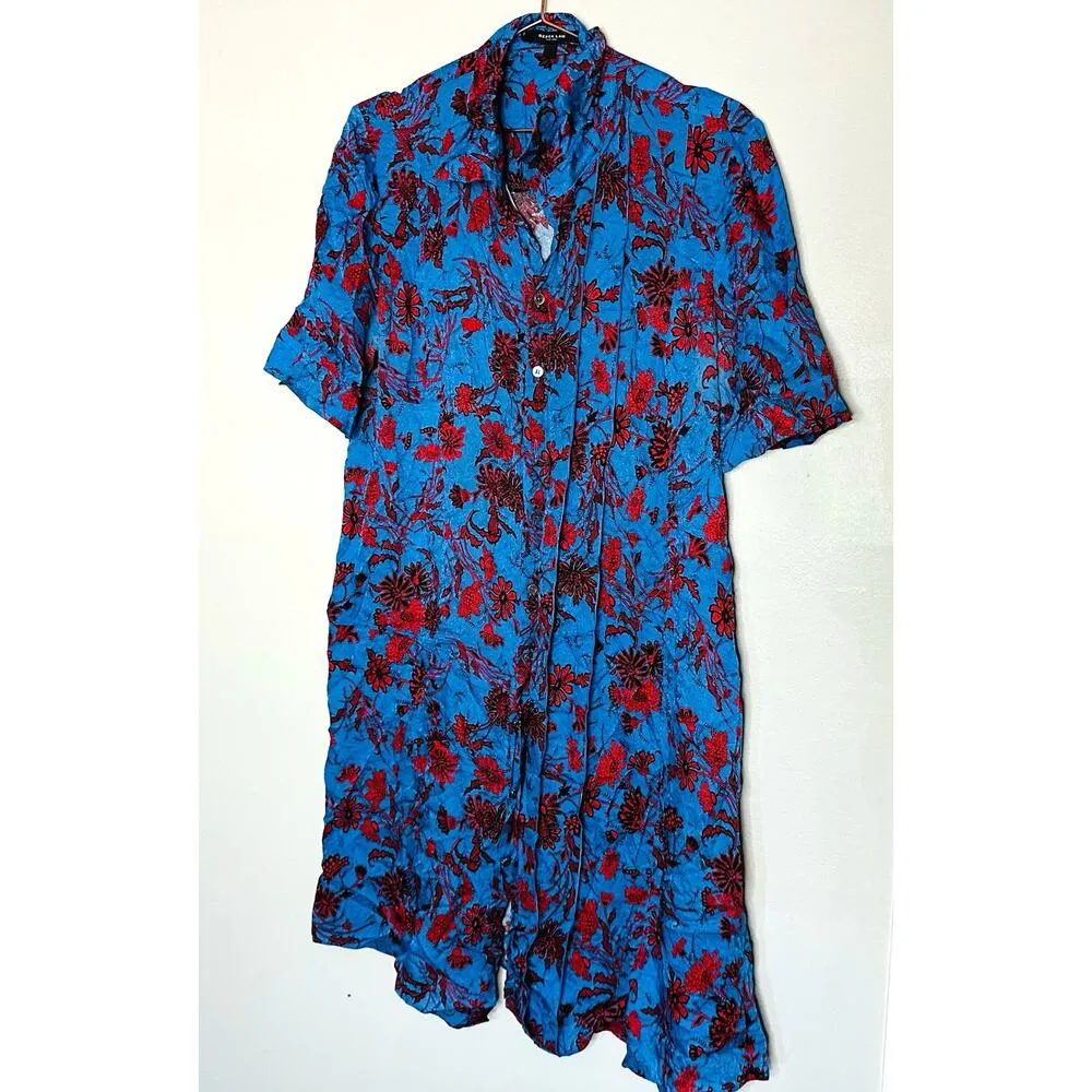 Derek Lam Blue & Red Floral Print Button Front A-Line Shirt Dress Size 4 - Image 3
