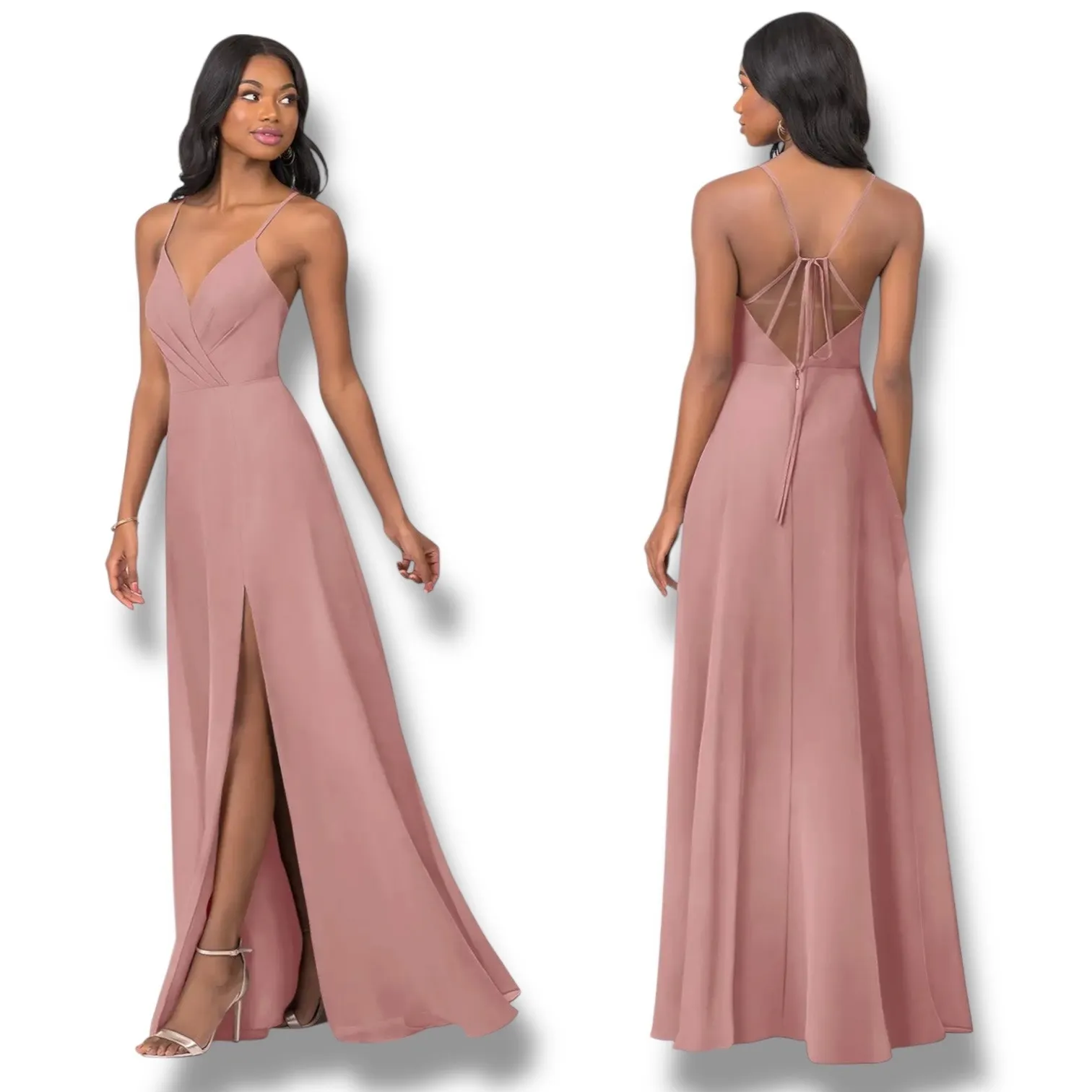 Azazie Everleigh Dress Vneck Dusty Rose Aline Floor Length Maxi Formal Size A8 - Image 2