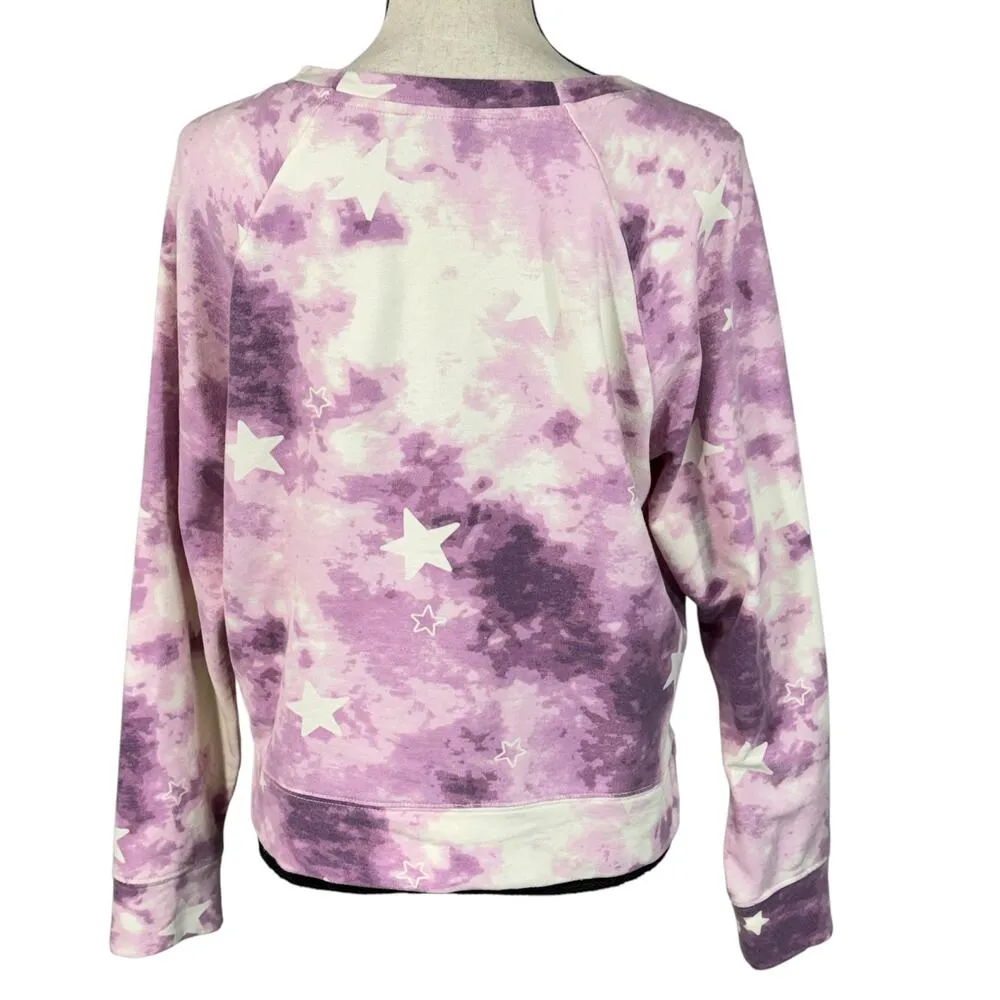 Wildfox Medium Cropped Sweatshirt Tie-Dye Stars Pullover Long Sleeve Slit Purple - Image 4