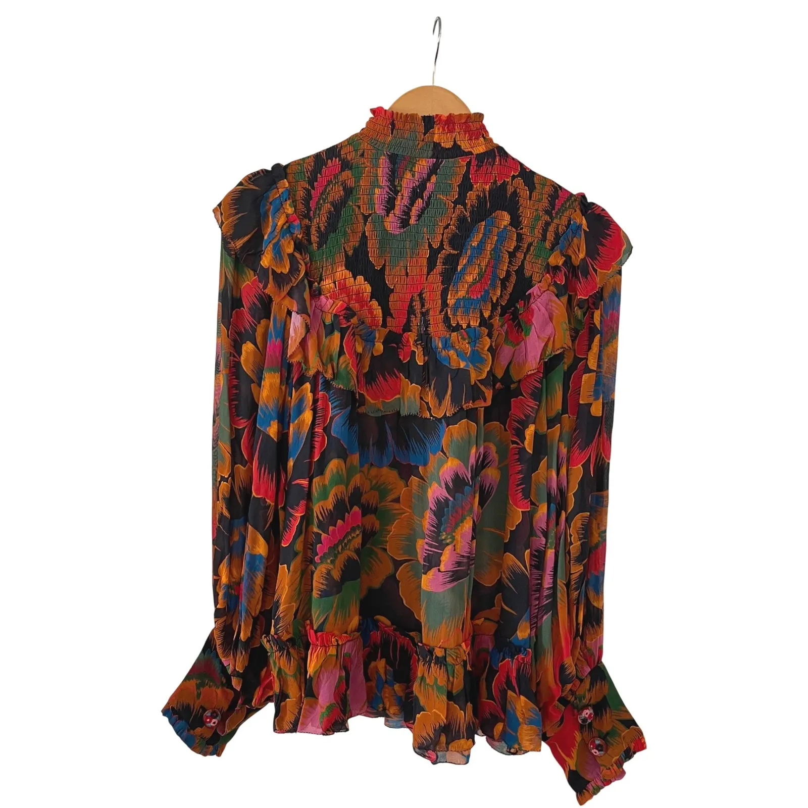 FARM Rio Colorful Flowers Smocked Ruffle Trim Long Sleeve‎ Blouse Top XS - Image 6