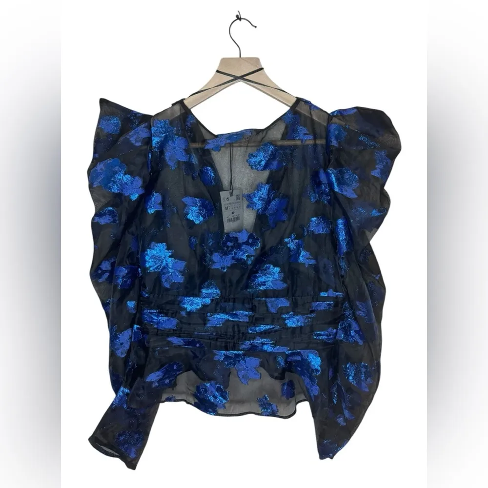 Zara Metallic Floral Sparkly Puff Sleeve Organza Blouse Size M - Image 5