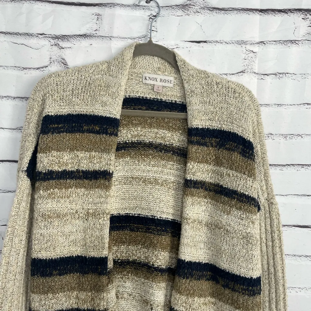 Knox Rose Striped Open Front Cardigan Women’s Small Beige Navy Pocket Sweater - Image 5