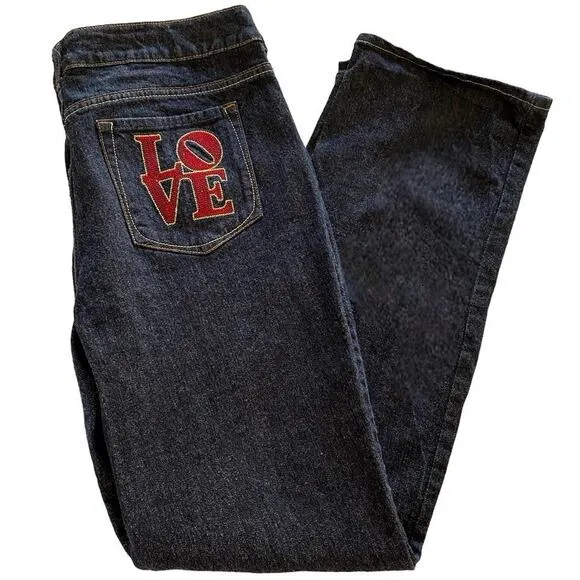 NOBO NO BOUNDARIES "Love" Pocket Y2K Straight Denim Blue Jeans ~ Junior Size 19 - Image 2