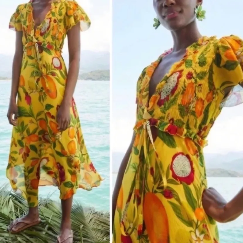 Farm Rio size small fruit lovers Yellow Floral Maxi Dress dragon fruit tropical - Image 3