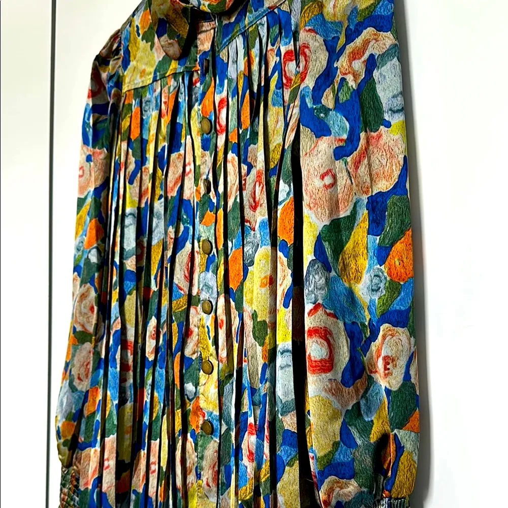 Radzoli Blue and Green Pleated Blouse with Peter Pan Collar Size M - Image 6