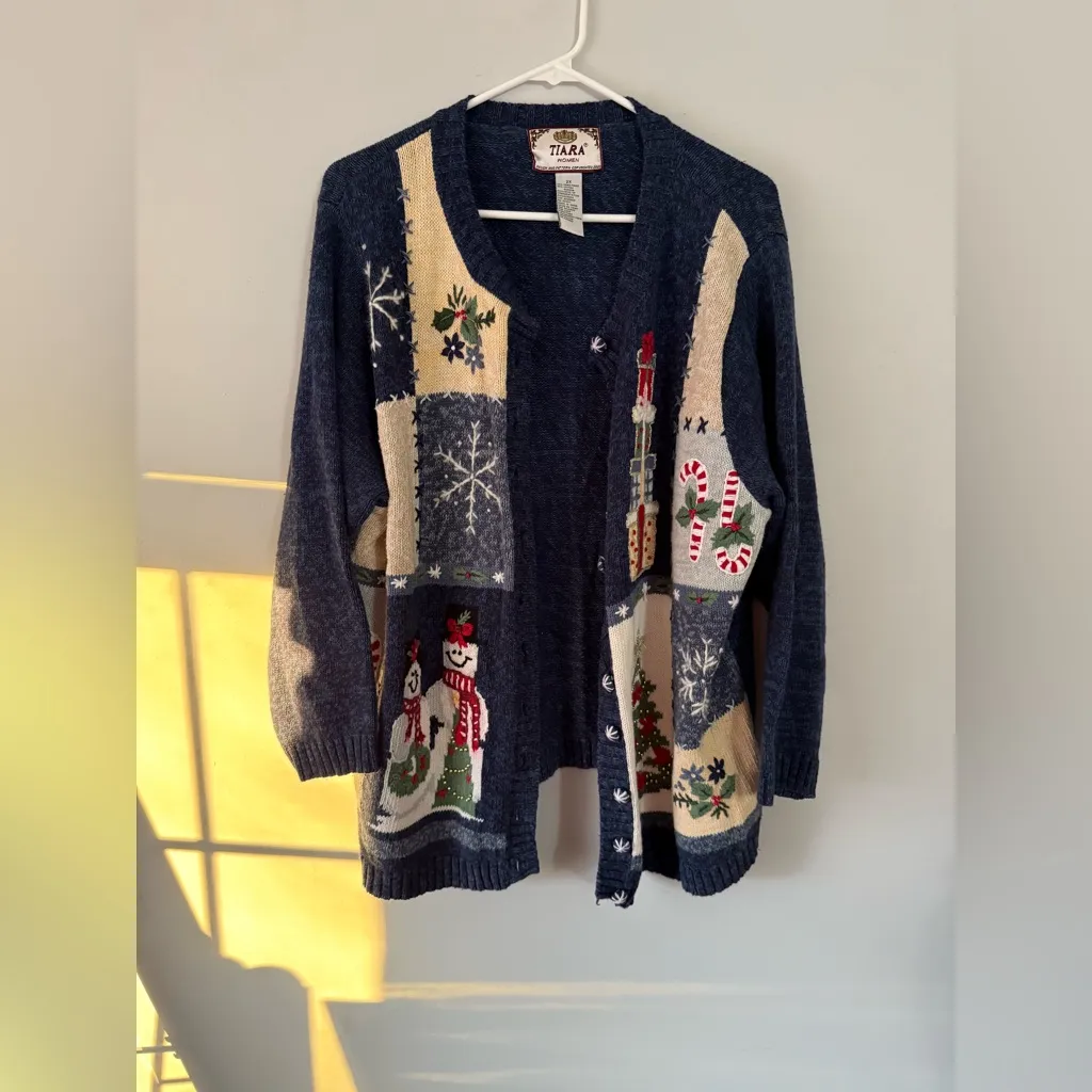 VTG Tiara Navy Blue Holiday Christmas Sweater Snowman Hippie Boho Multi Color 2X - Image 2