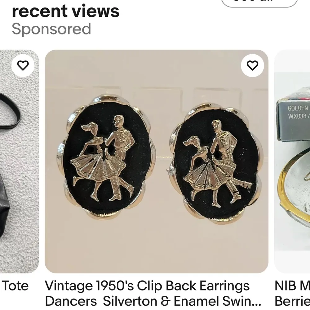Vintage Square Dance 1950’s Jewelry, Western, Silver, Black, Clip On Earrings & Pendant - Image 4