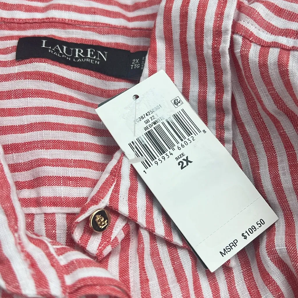 Lauren Ralph Lauren Striped Tie Front Linen Shirt in Red/White, Size 2X, NEW - Image 5
