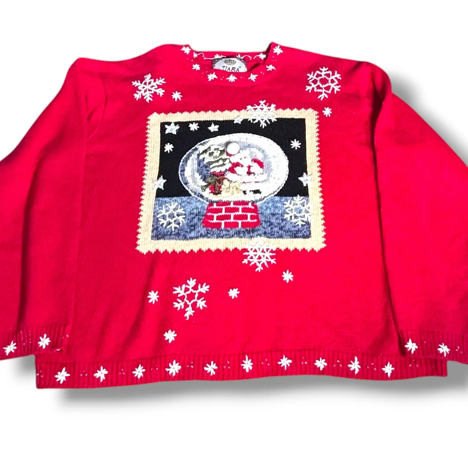 Vintage Y2K Tiara International Santa Snow Globe Red Christmas Sweater Large - Image 6