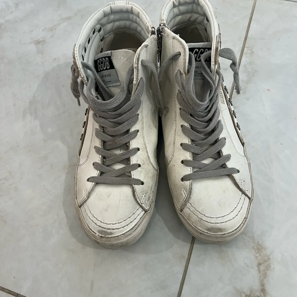 Golden Goose White Slide Silver Metallic Leather Star Flash High Top Sneakers - Image 3