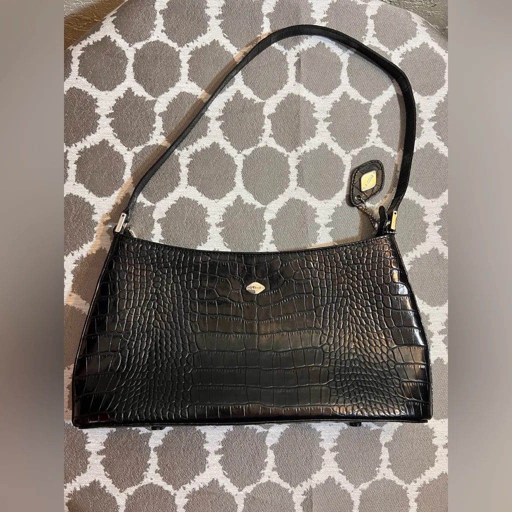 Black Croc Embossed I Santi Leather Shoulder Bag Italy classic minimalist luxury - Image 1