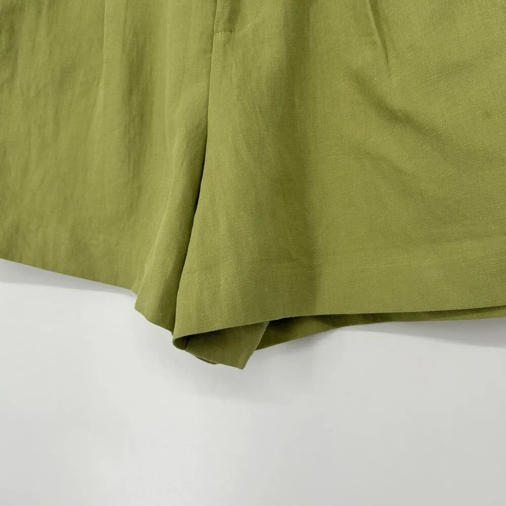 Zara Green High Waisted Pleated Shorts Green Linen Blend Pockets Size M - Image 5