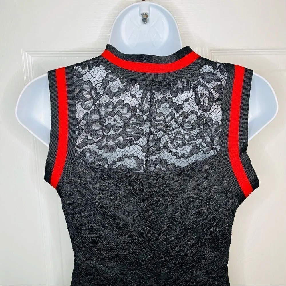 BAKU Fitted Black Lace Midi Dress Red Stripe Trim S - Image 9