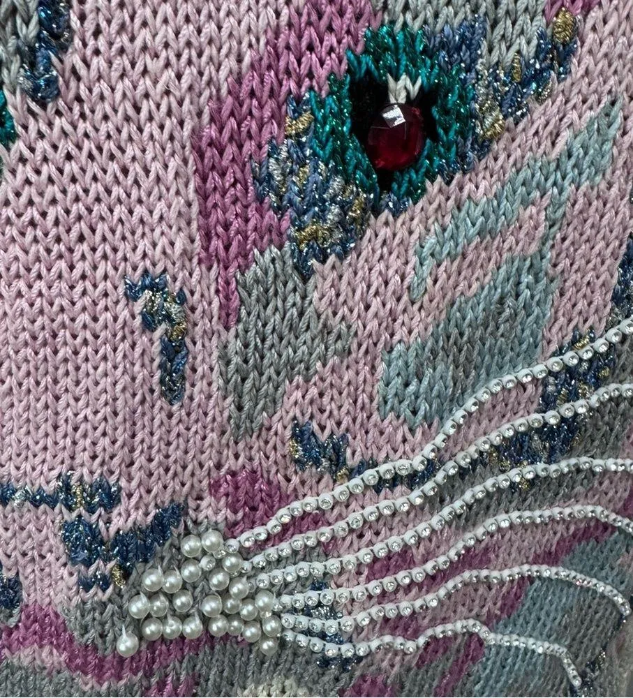 Nannell Vintage Beaded Pearl Leopard Cheetah Pink Unique Knit Sweater Medium - Image 3