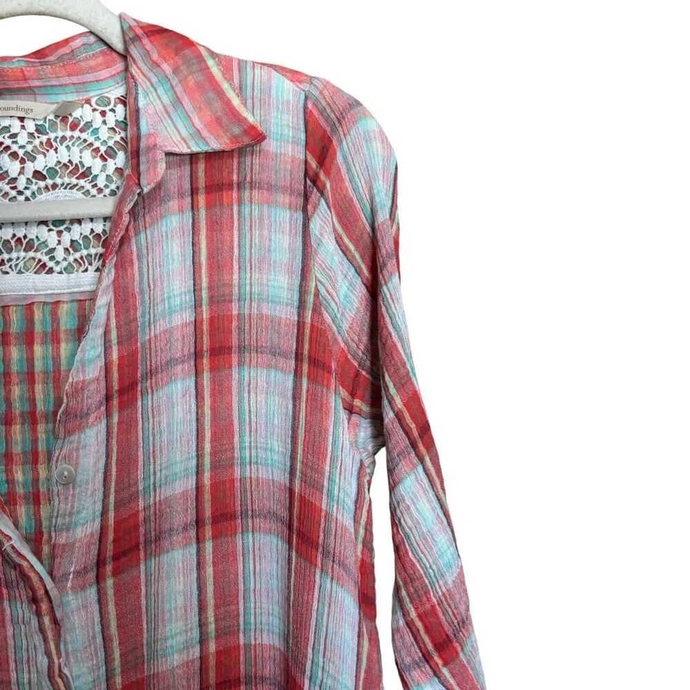 Soft Surroundings Top Womens Medium Multicolor Plaid Gauze Crinkle Blouse - Image 3