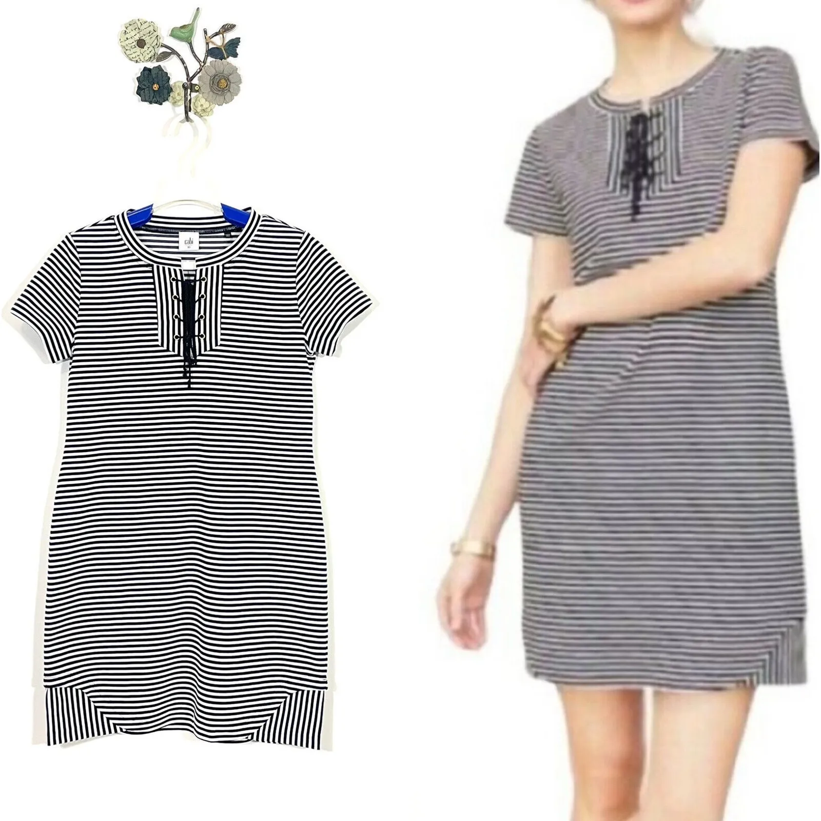 Cabi Captain Dress Size XS Blue White Knit Stripes Shift Short Sleeve Nautical - Image 2