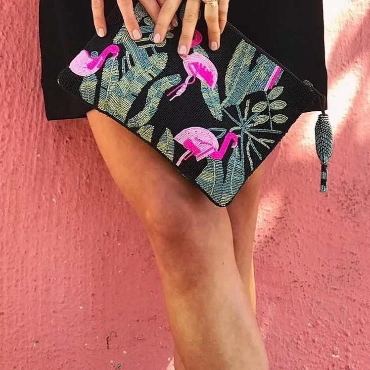Denmari Punta‎ Cana Beaded Clutch Black Pink Flamingos Tropical Leaves Handmade - Image 2