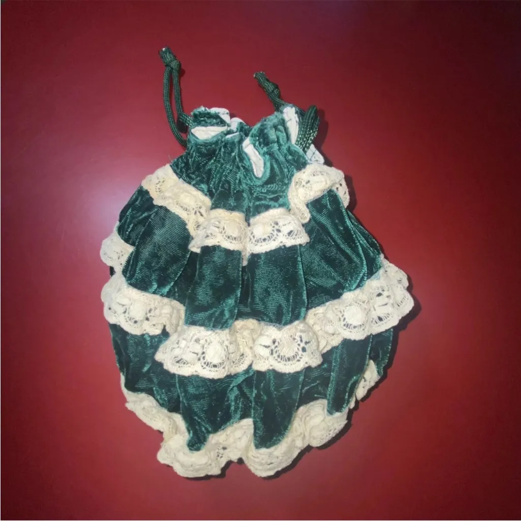 Vintage 1940s 50s Velvet Drawstring Purse Evening Bag Green Lace Tiered Boho - Image 8